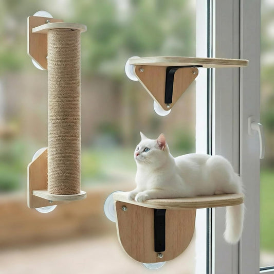 Novabright 3-in-1 20-inch Cat Window Perch Hammock with Climbing Step and Scratching Post, Raw Wooden Window Mounted Cat Bed, Supports 22lbs (Drilling-Free)