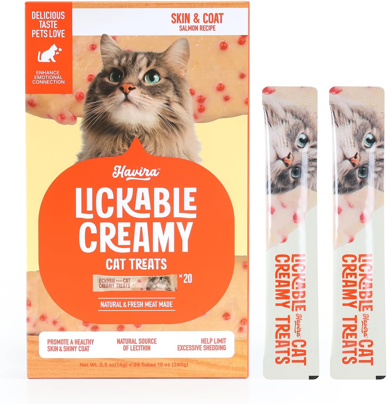 Havira Healthy Lickable Cat Treats Skin & Coat – Salmon Flavor Squeeze Treats with Omega-3 & Real Fish Roe, Creamy Functional Snacks for Soft Fur & Natural Shine, Grain Free