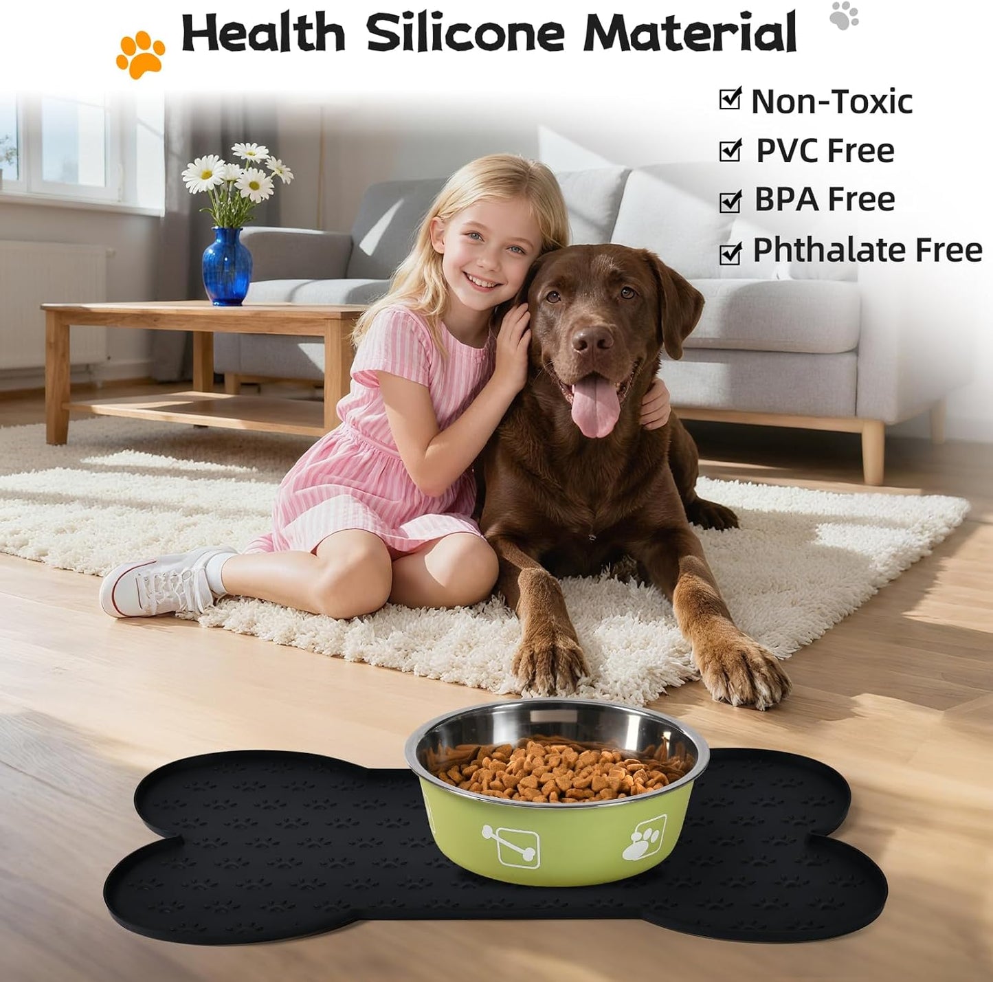 Dog Food Mat Anti-Slip Silicone Bowl Mats for Food and Water, Thicker Pet Placemat Waterproof Cat Feeder Pad with High-Lips Prevent Messy Spills to Floor Suitable for Medium and Small Pet