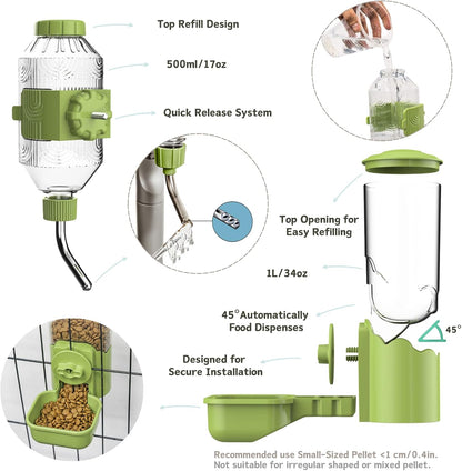 Automatic Pet Food Water Dispenser, Auto Gravity Pet Feeder Water Bottle Set for Cage, Feeding Station for Puppy Kitten Rabbit Guinea Pigs Chinchilla Ferret Hedgehog (Green)