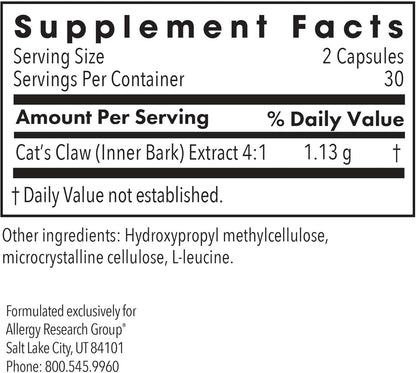 Allergy Research Group Cat's Claw - Inner Bark Extract, Joint Health & Immune Support, Herbal Supplement, Organic, Vegetarian Capsules - 60 Count