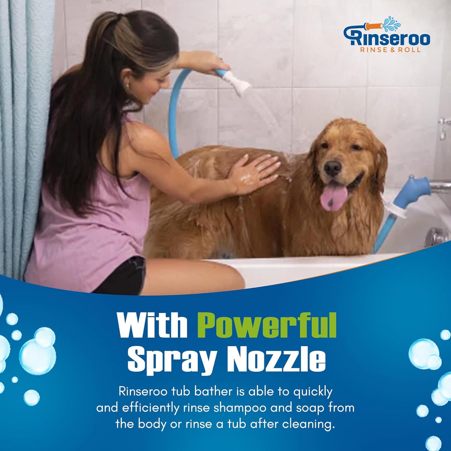 Rinseroo Slip-On Bathtub Faucet Sprayer Attachment. Ultra-Flex Dog Shower Adapter Portable With Pet Showerhead. Attach to Tub Spout 5 Foot Hose. No Install for Speedy Washing