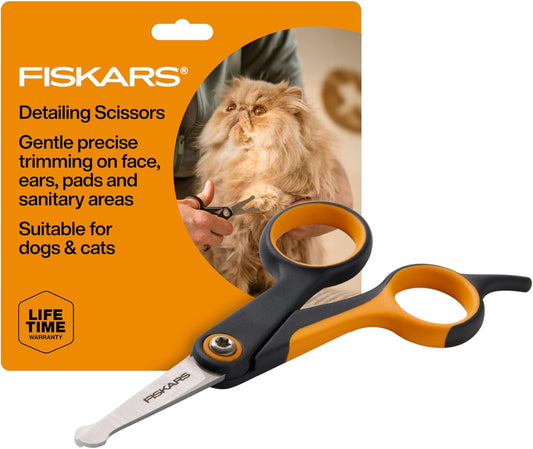 Fiskars Pet Detailing Scissors, Dog & Cat Grooming Scissors, Rounded Tips & SoftGrip Handle for Delicate Areas, Cat and Dog Supplies, 5.5”, Orange/Black