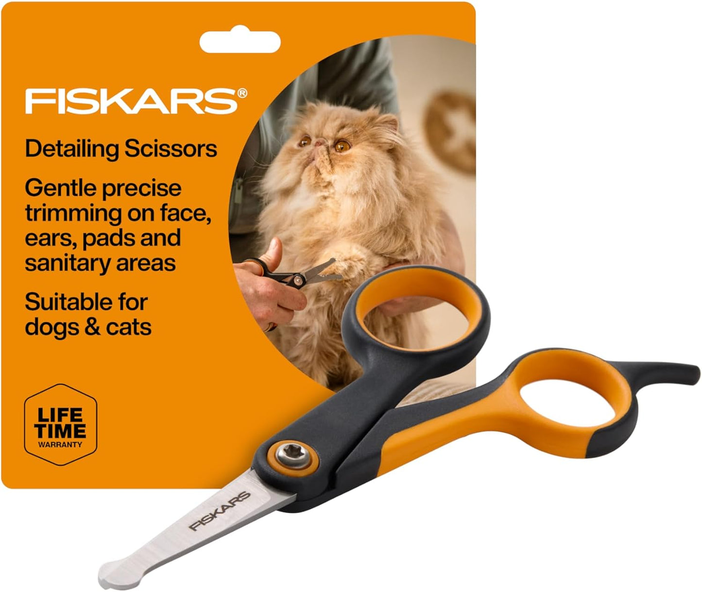 Fiskars Pet Detailing Scissors, Dog & Cat Grooming Scissors, Rounded Tips & SoftGrip Handle for Delicate Areas, Cat and Dog Supplies, 5.5”, Orange/Black