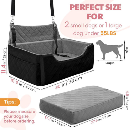 Dog Car Seat for Large/Medium Dogs, Dog Booster Seat for Under 50lbs or 2 Small Dogs, Non-Slip Removable and Washable Pet Car Seat,2 Safety Leashes, Travel Pet Bed, Black
