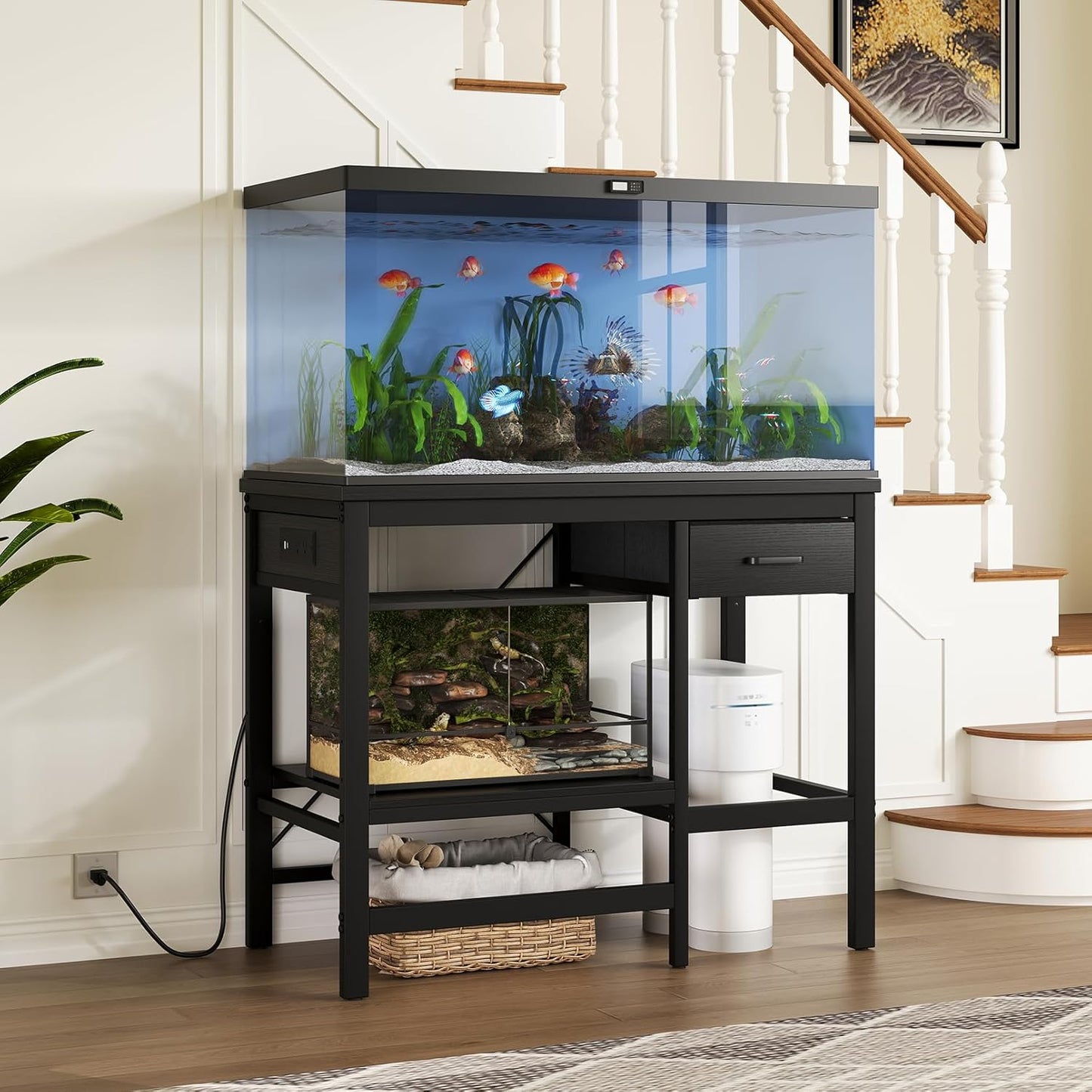 40-50 Gallon Fish Tank Stand with Power Outlet, Aquarium Stand with 3-Tier Adjustable Storage Shelves, Fish Stand with Storage Drawers, 36.6"*18.9" Tabletop (Black)