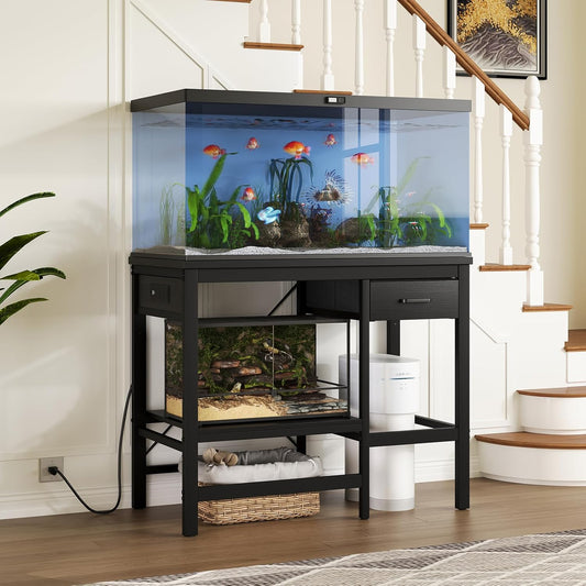 40-50 Gallon Fish Tank Stand with Power Outlet, Aquarium Stand with 3-Tier Adjustable Storage Shelves, Fish Stand with Storage Drawers, 36.6"*18.9" Tabletop (Black)