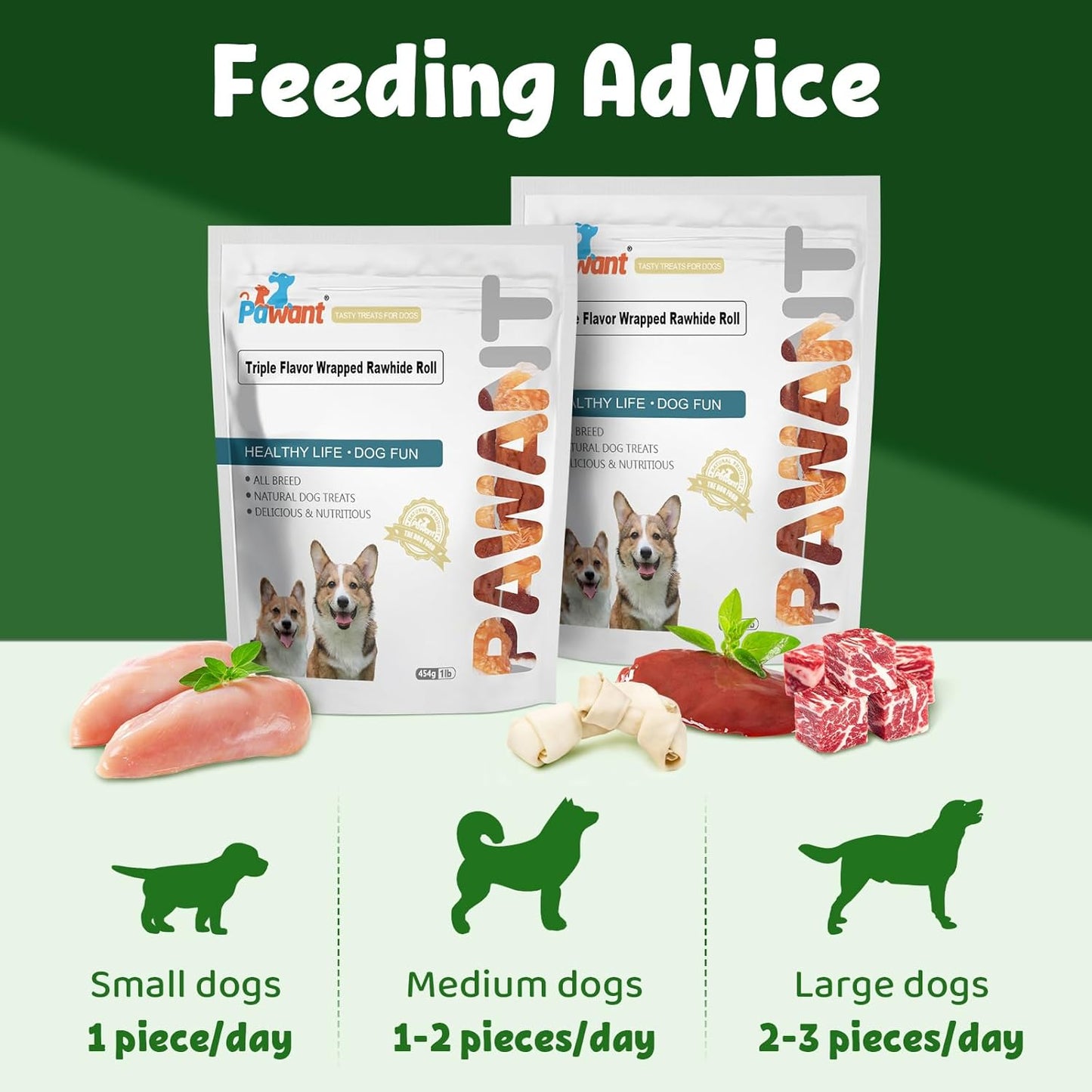 Dog Treats Triple Flavor Rolls - Chicken Liver, Beef, Chicken Wrapped Rawhide Rolls for Medium and Large Dogs Training Snacks 454g