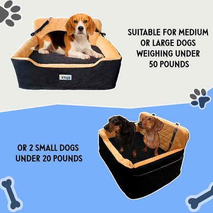 Large Dog Car Seat – Booster Seat Bed for Pets up to 55 lbs, Black, Travel Safety | Fits 2 Small Dogs Pets| Washable Cover & Thick Cushion | Rear Seat or SUV