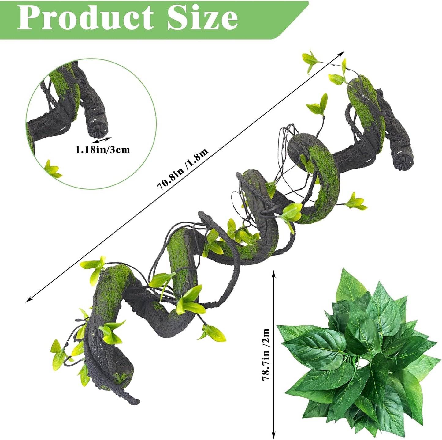 VCEPJH Medium Reptile Vines Thick Terrarium Plants 70 Inches Long Flexible Climbing Branch with Leaves Snake Tank Accessories Greenery Habitat Decor for Bearded Dragon Chameleon Gecko Lizard (Black)