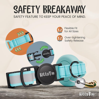 Cat Collar with Airtag Holder, Breakaway Air Tag Collar for Apple airTag, Reflective & Luminous Design, Waterproof GPS Tracker for Cats and Kittens, Includes Bell, Turquoise (9-12")