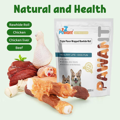 Dog Treats Triple Flavor Rolls - Chicken Liver, Beef, Chicken Wrapped Rawhide Rolls for Medium and Large Dogs Training Snacks 454g