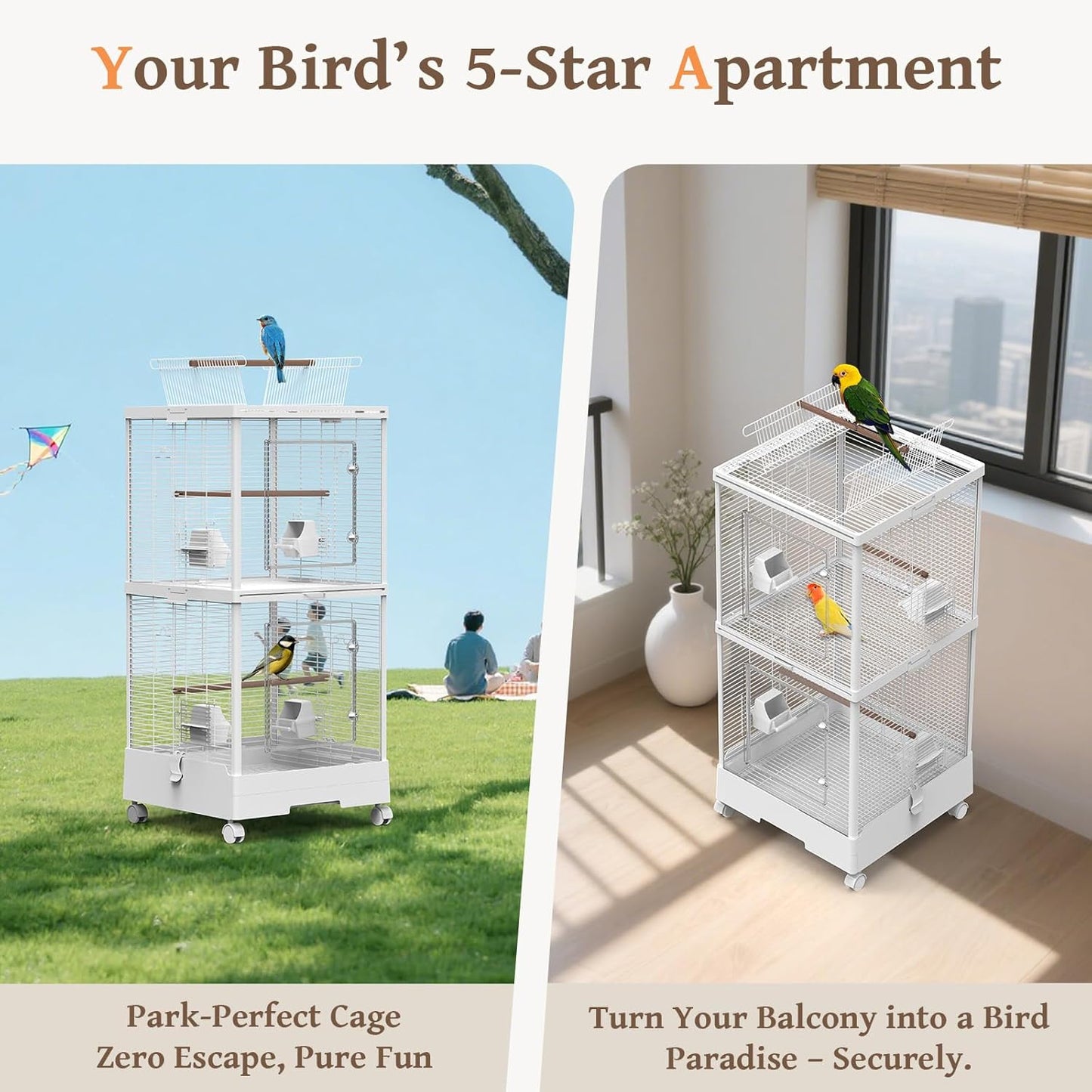 2-in-1 Dividable Double Flight Cage, Tall Bird Cage with Play Top & Clear View Front for Parakeets, Cockatiels, Lovebirds, 2-Level Breeder Cage on Wheels with 0.4" Bar Spacing & Accessories