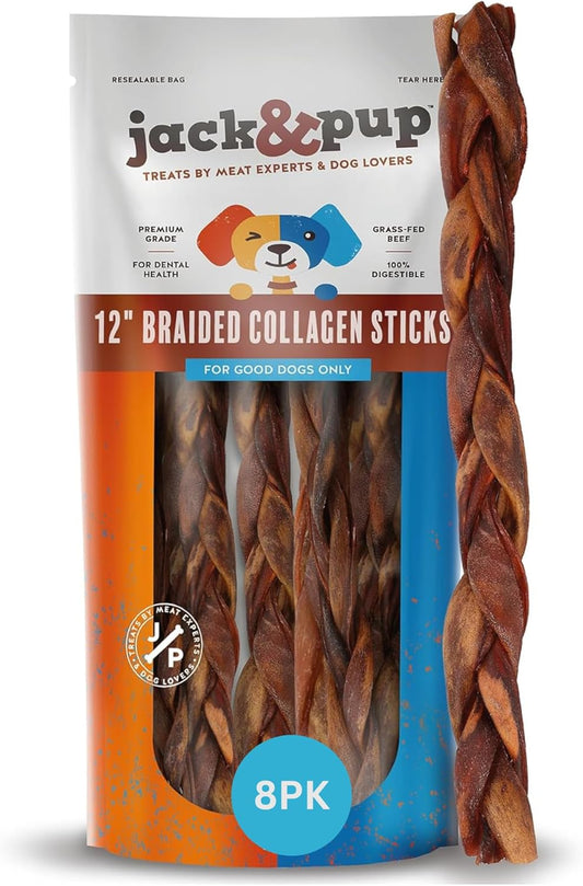 Jack&Pup 12" Braided Beef Collagen Sticks for Dogs - Rawhide Free Dog Chews Long Lasting Collagen Chews for Dogs - Bully Sticks Alternative (8 Pack)