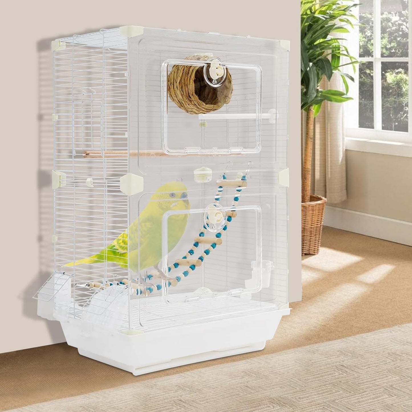 2 Tiers Bird Cage, Flight Cage, Bird Cages with Ladder, Food Bowls Bath, for Medium & Small Birds (B)