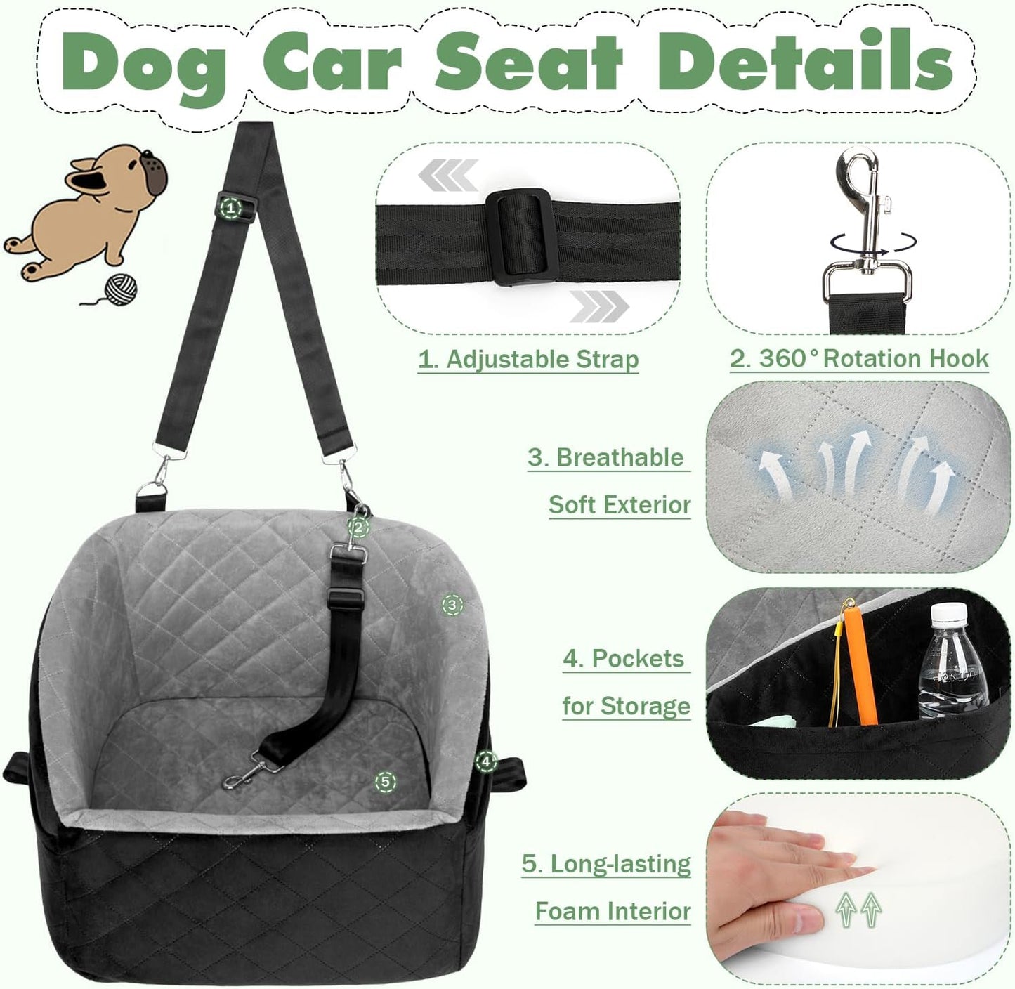 Small Dog Car Seat for Under 30lbs Dog Booster Seat Detachable Washable Pet Car Seat with Safety Leash and Storage Pockets Black&Grey Puppy Travel Bed