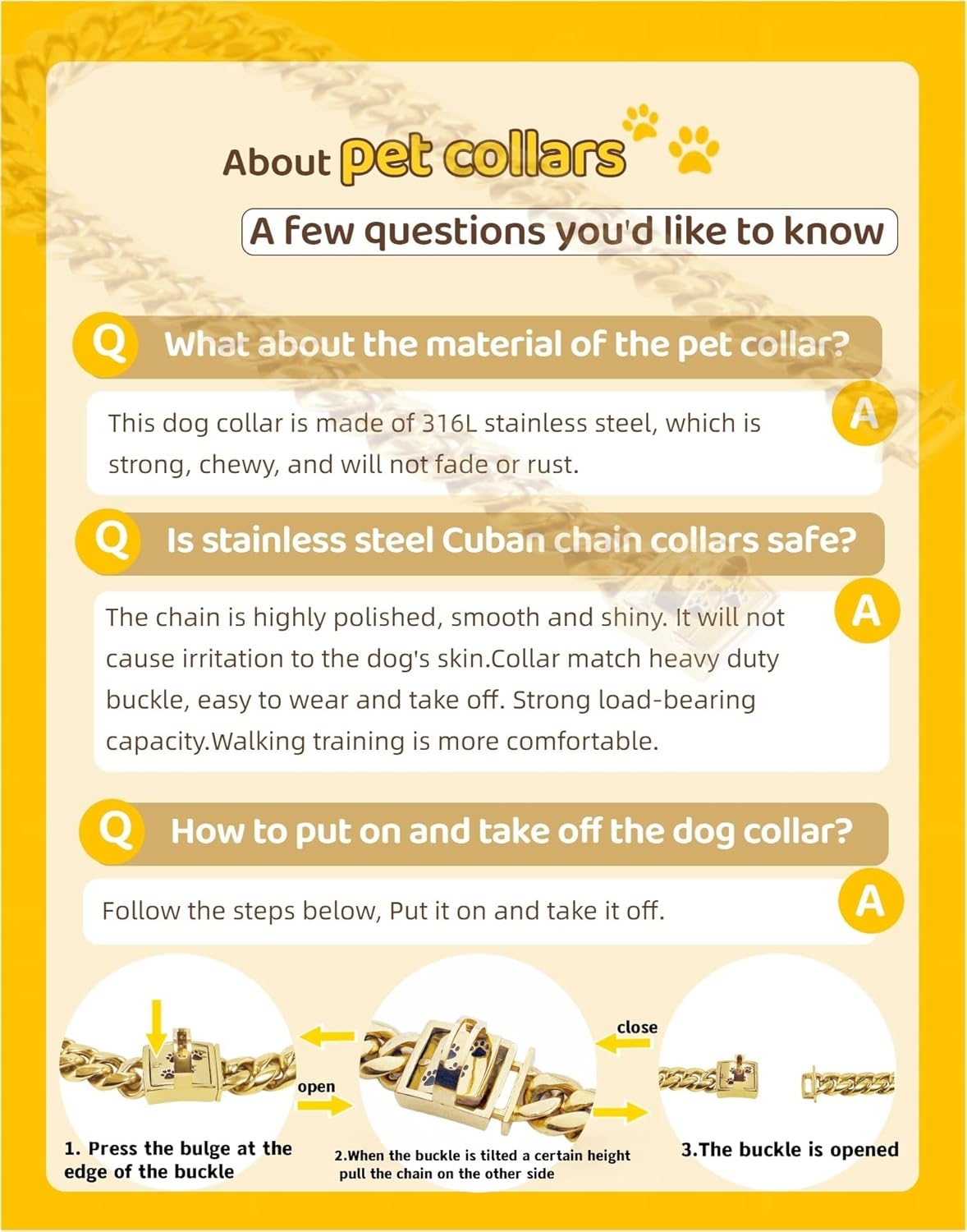 Gold Chain Dog Collars 15MM Stainless Steel Cuban Link Chain Collar with Secure Buckle Design, Metal Walking Training Collars, Chew Proof, Suitable for Small Medium Large Dogs (Gold,12'')