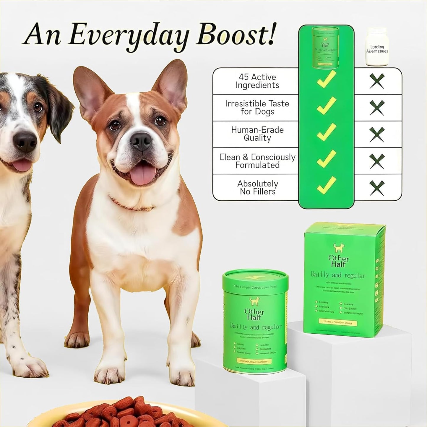 Other Half Dog Multivitamin – Daily Support for Joints, Gut, Allergies, Immune System, Urinary Tract, Skin, and Coat. Contains chondroitin, Omega-3, Dog probiotics, and 45 Active Ingredients