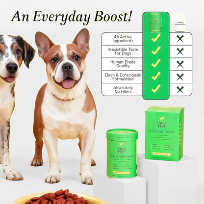 Other Half Dog Multivitamin – Daily Support for Joints, Gut, Allergies, Immune System, Urinary Tract, Skin, and Coat. Contains chondroitin, Omega-3, Dog probiotics, and 45 Active Ingredients