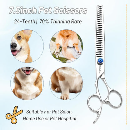 7.5in 24 Teeth Chunker & 6.75in Pink Curved Dog Grooming Scissors, Japan 30 Degree Bend, VG10 Steel Sharp Scissors for Dog Grooming, Professional Pet Thinning Shears for Dogs Cats on Face Paw