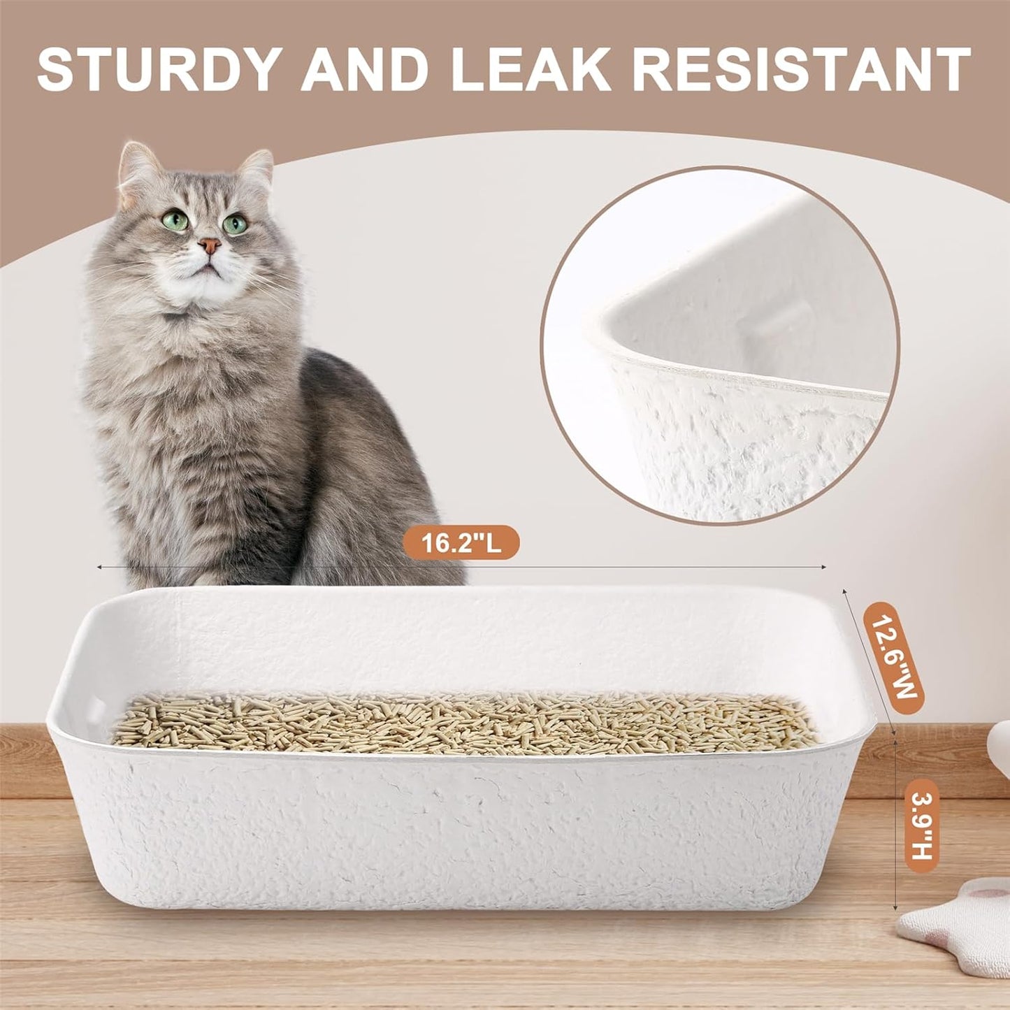 Disposable Cat Litter Box, Sturdy and Durable, Extra Thick, Large Size - 16.2"x12.6"x3.9", Water Resistant and Sustainable, Disposable Litter Boxes for Cats (White, 10-Pack)