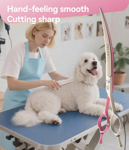 Fenice Peak Curved Dog Grooming Scissors with Coating 440C Stainless Steel, 7 inch Professional Curved Shears Dog Grooming，25 Degree of Curved Blade，Pet Shears for Trimming Face and Paws, Pink & White