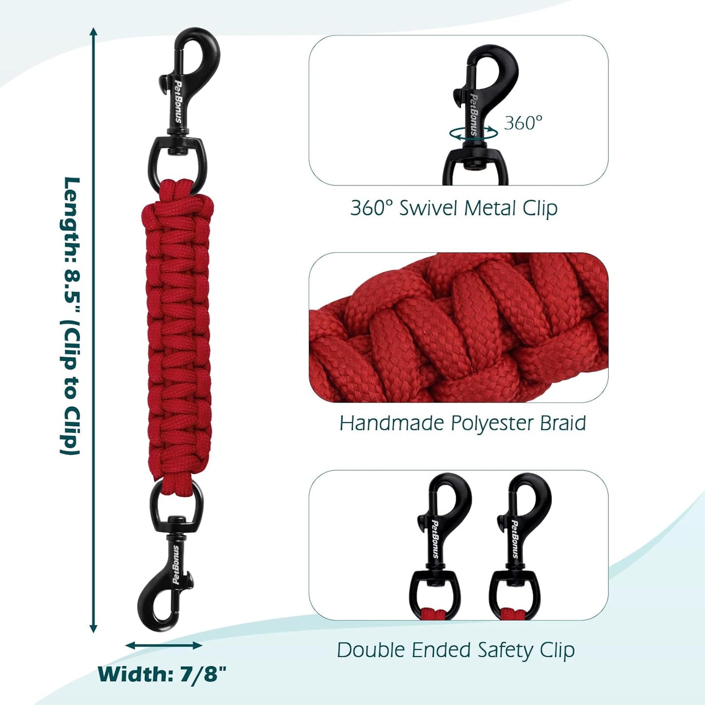 PetBonus Heavy Duty Tactical Dog Leash, 5 FT Bungee Shock Absorption Leash and Dog Collar Safety Clip