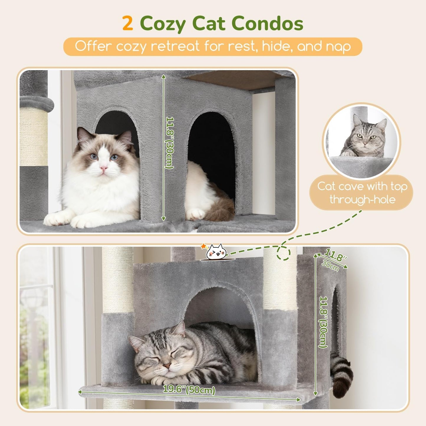 Globlazer Extra Large Cat Tree Tower 80in XXL Tall Cat Tree for Multiple Indoor Cats Large Adult Kittens with Scratching Posts, 2 Widened Perches, Adjustable Baskets, 2 Cozy Condos, S80G, Light Grey