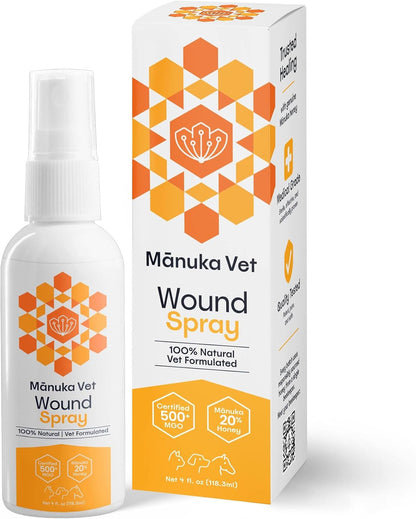 Manuka Vet Skin & Wound Spray - 4 Fluid Ounces | 500+ MGO Medical Grade Manuka Honey | Rapid Healing & Skin Repair Treatment for Dogs, Horses and Cats |