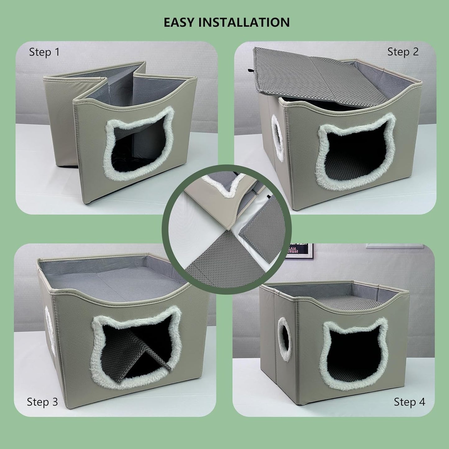 Cat Beds for Indoor Cats, Large Cat Houses with Cozy Condo,with Premium Tech Fabric& Scratch Pad, Round Window, Foldable Indoor Cat House Hold Up to 30LBS, with Reversible Cushion for Multi Small Pet