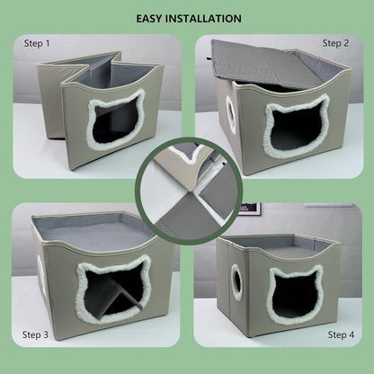 Cat Beds for Indoor Cats, Large Cat Houses with Cozy Condo,with Premium Tech Fabric& Scratch Pad, Round Window, Foldable Indoor Cat House Hold Up to 30LBS, with Reversible Cushion for Multi Small Pet