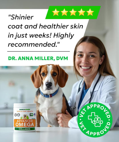 BARK&SPARK Advanced Omega-3 Collagen for Dogs - 180 Fish & Salmon Oil Treats for Dog Shedding, Skin Allergy Chews, Itch Relief, Hot Spots Treatment - Joints, Skin&Coat Supplement, EPA&DHA Fatty Acids