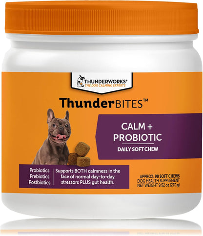 ThunderBites Calm + Probiotics for Dogs Daily Supplement Soft Chews, Supporting Dog Digestive & Gut Health with Probiotics, Prebiotics & Postbiotics + Calming Support for Daily Stressors, 90 Count