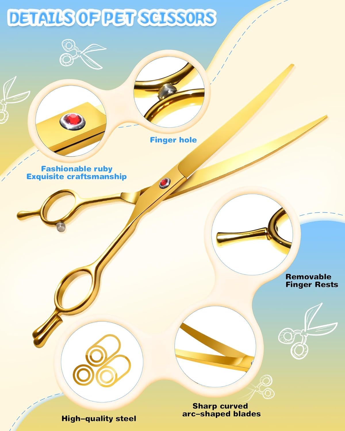 Curved Scissors for Dog Grooming, Dog Grooming Scissors Curved with Noise Reduction Pad, Light Weight,7.5" Pet Cutting Shears Safety Trimming Shearing for Dogs Cats (Curved, Golden)