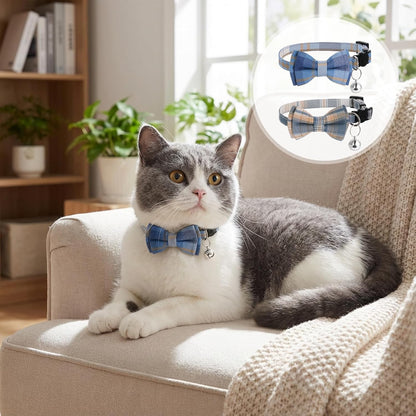 2Pcs Cat Collar Breakaway, Cat Bowtie Collar with Bells Soft Adjustable Kitten Accessories, Cute Plaid Cats Collar with Cat Buckle for Kitten Puppy and Small Pets
