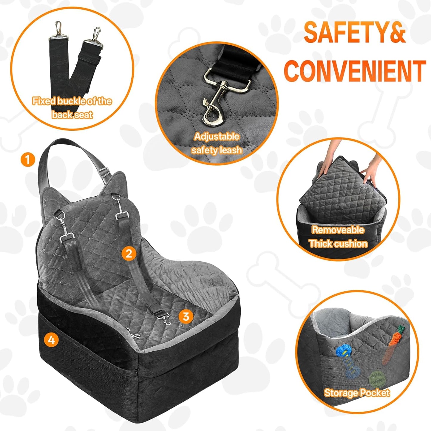 Dog Car Seat for Small Medium Sized Dog, Booster Car Seat with Elevated Memory Foam, Storage Pocket & Safety Belts, Detachable Washable Puppy Carrier Pet Travel Accessories