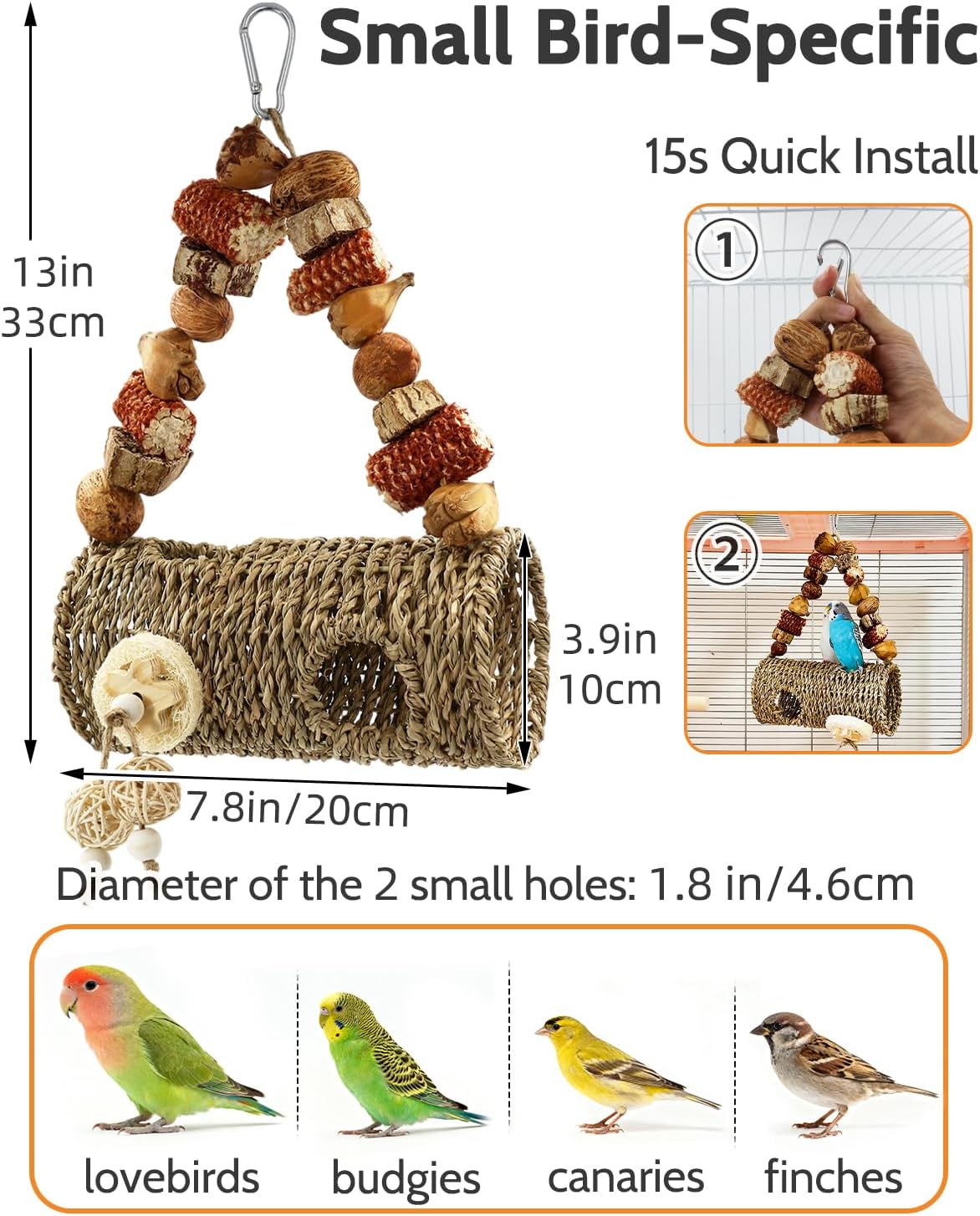 Bird Nest for Cage with Natural Chewing Toys, Hanging Bird Tunnel Bed with Sturdy Metal Frame & Handwoven Breathable Seagrass, Small Parakeet Bed for Lovebird, Canary, Budgie Rest & Chew & Play