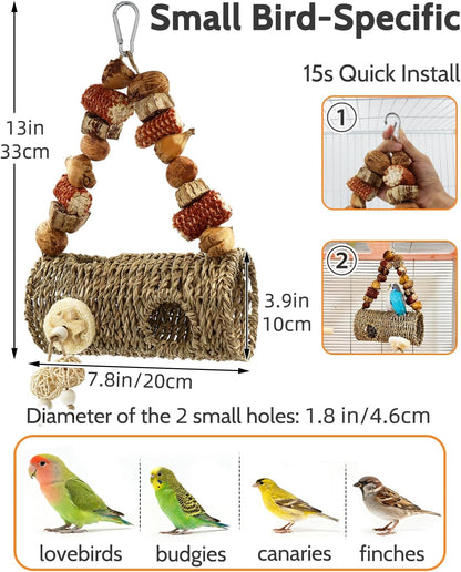 Bird Nest for Cage with Natural Chewing Toys, Hanging Bird Tunnel Bed with Sturdy Metal Frame & Handwoven Breathable Seagrass, Small Parakeet Bed for Lovebird, Canary, Budgie Rest & Chew & Play