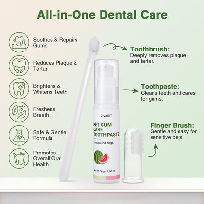 Cat Toothpaste Kit for Gum Care – Watermelon Flavor Dental Toothpaste with Finger Brush & Long-Handle Toothbrush – Soothes Gums, Freshens Breath, Reduces Plaque – Safe & Gentle for Daily Use