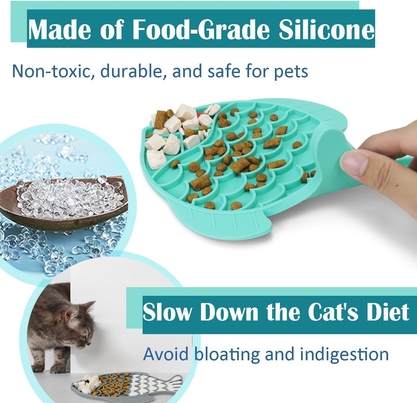 Takfox Slow Feeder Cat Bowls [2 Pack], Lick Mat for Cats Dogs, Silicone Cat Puzzle Feeders Toy for Pets Dry/Wet Food Training, Keeps Dogs Cats Busy, Prevents Puppy Kitty Overeating, (Cyan+Grey)