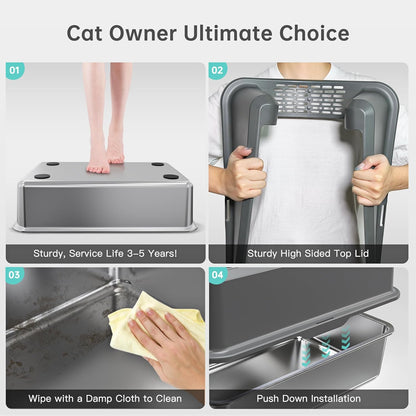 Enclosed Stainless Steel Cat Litter Box with Lid, XL Extra Large Litter Box for Big Cats, Metal Litter Pan High Sided, Never Absorbs Odors, Anti-Urine Leakage, Easy Cleaning, Include Scoop