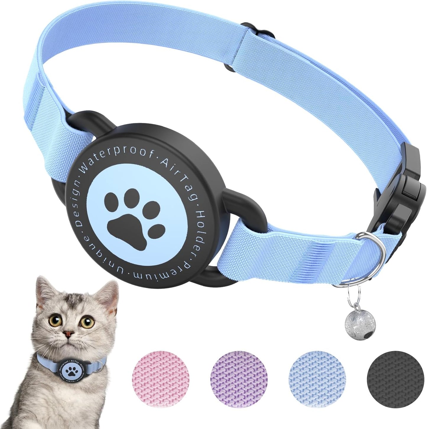 Airtag Cat Collar, Stretchy Kitten Collar with Apple Air Tag Holder, Lightweight and Comfortable, Ultra Elastic GPS Cat Collars for Cats Kittens and Puppies, 8-12.5 Inch, Blue