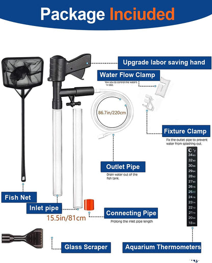 QZQ Aquarium Gravel Cleaner [2025 Edition] Vacuum Fish Tank Vacuum Cleaner Tools for Aquarium Water Changer with Aquarium Thermometers Fish Net kit Use for Fish Tank Cleaning Gravel and Sand