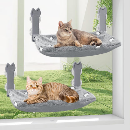 Cat Window Perch, Glow in The Dark Foldable Cat Hammock with Sunken Design & Removable Soft Cover, Breathable Cordless with Soft Edging Window Bed for Resting Indoor Kitten (Star Grey, 2 Pack)