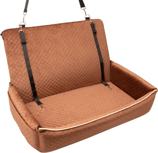 Large Dog Car Seat Under 60 lbs or 2 Small Dogs,Dog Bed for Car Back Seat with Seat Belt Fixation,The Seat Fabric Soft and Comfortable,Size is 31.5in x 20in x 21.5in,Removable and Washable.(Brown)