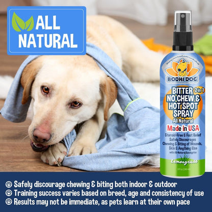 Bodhi Dog Bitter 2-in-1 No Chew & Hot Spot Spray - Natural Anti-Chew Remedy Better Than Bitter Apple - Soothes Hot Spots, Deters Chewing - Safe for Skin, Wounds & Furniture- Made in USA (8 Fl Oz)