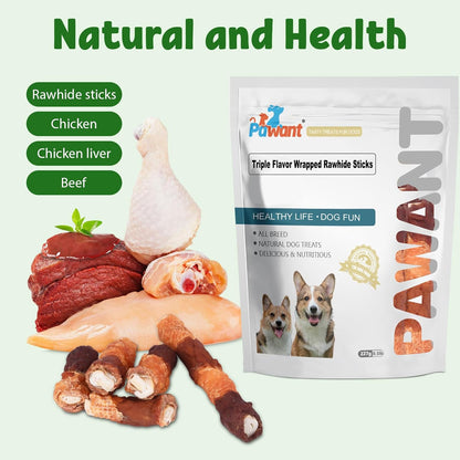 Triple-Flavor Rawhide Chews for Medium & Large Dogs - 5 Inch Chicken, Beef & Chicken Liver Dental Treats - Long Lasting Chew Sticks 227g/0.5lb