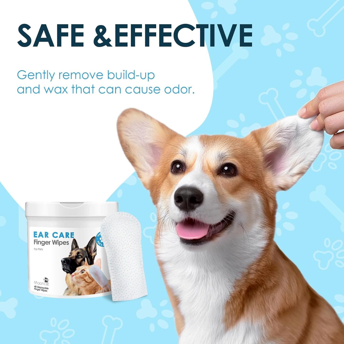 Mooncat Ear Cleaner Finger Wipes for Cats & Dogs and Silicone Grooming Brush Bundle - Gentle Ear Care Solution and Deshedding Massage Comb for Indoor Kittens