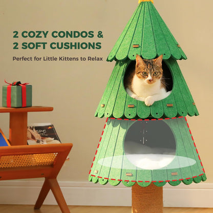 42.9 Inch Christmas Cat Tree for Indoor Cats, Cute Cat Tower with 2 Cozy Houses, Holiday Kitty Climbing Furniture for Kittens to Play and Sleep