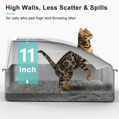 Stainless Steel Litter Box | XL Enclosed Cat Litter Boxes with Lid for Big Cats | High Sided, Anti-Urine Leakage | Non-Stick Bottom & Includes Litter Mat & Metal Scoop